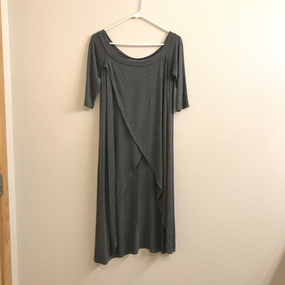 Annabelle Jersey Off The Shoulder Tulip Split Front Tunic In Charcoal Heather - Picture 3 of 9